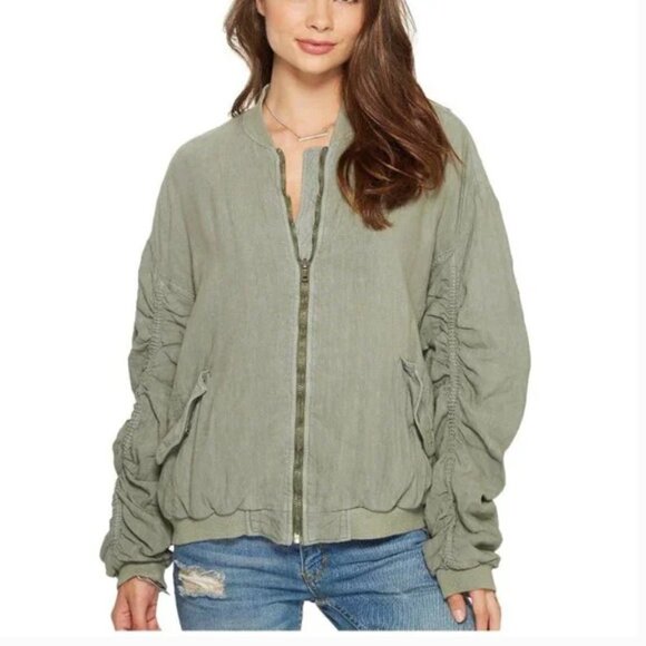 FREE PEOPLE Ruched Linen Bomber Jacket - Picture 2 of 8